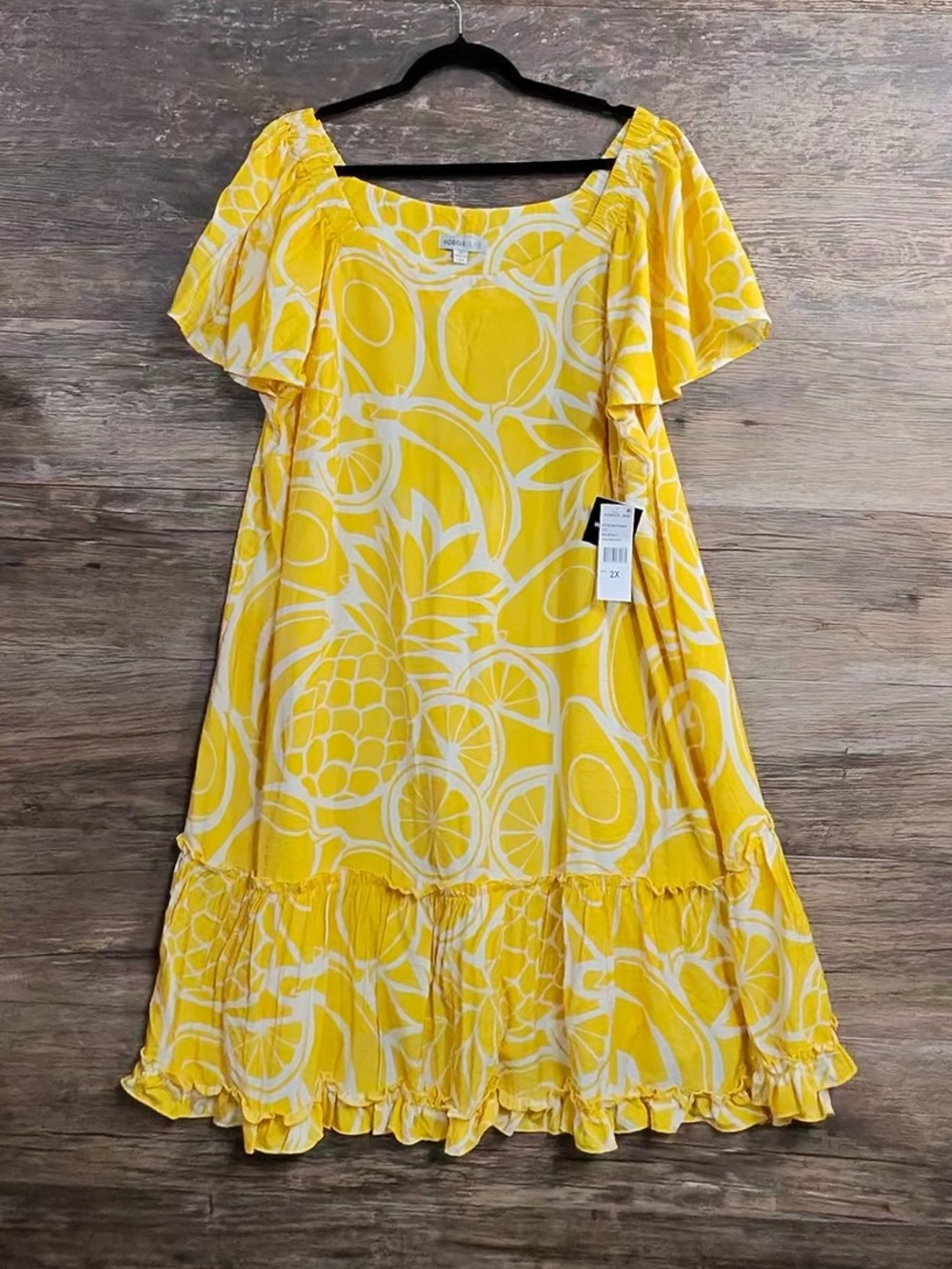 Robbie Bee Yellow and White Tropical-Print Midi Dress
